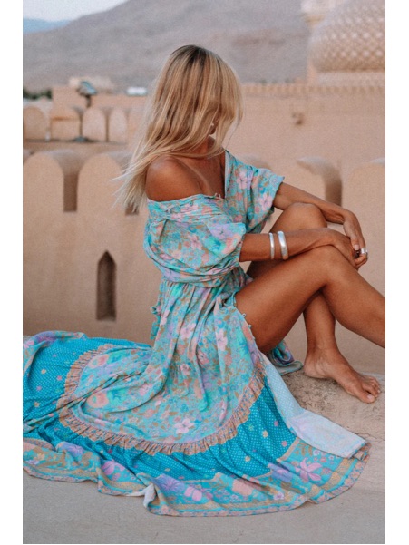 Spell Hibiscus Lane Button Through Gown Lagoon Size Large Boho Beach Vacation